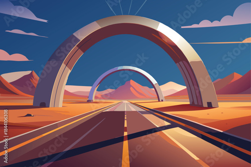 Drive into the Future Stunning desert highway leading under futuristic arches, promising adventure and innovation, perfect for travel and technology brands