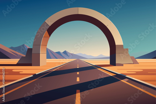 Dramatic desert highway vanishing point under stone archway leading to distant mountains under clear blue sky offering sense of adventure and wanderlust