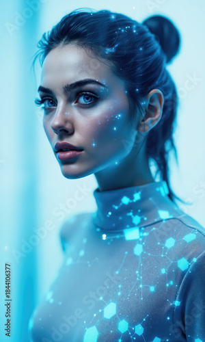 A confident female strategist in vibrant cyan, her gaze focused and strong, with glowing symbols of innovation and success orbiting