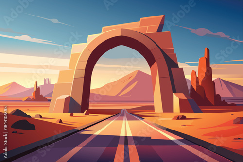 Stunning desert road trip with majestic rock archway under clear blue sky, perfect for travel adventure campaigns and scenic route marketing materials