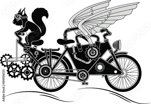 Whimsical squirrel and winged figure ride a steampunk motorcycle with gears and smoke detailed black and white art isolated on white background