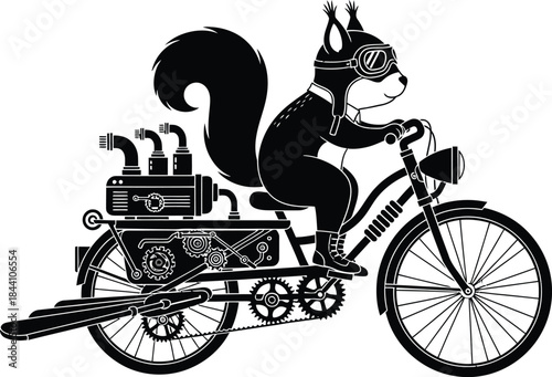 Whimsical black squirrel character riding a vintage bicycle delivering packages and bottles artwork for creative projects isolated on white background