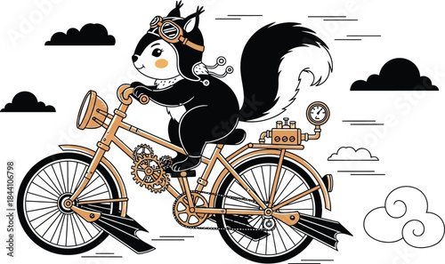 Whimsical skunk character riding a vintage motorcycle with clouds and wind effects on a isolated on white background