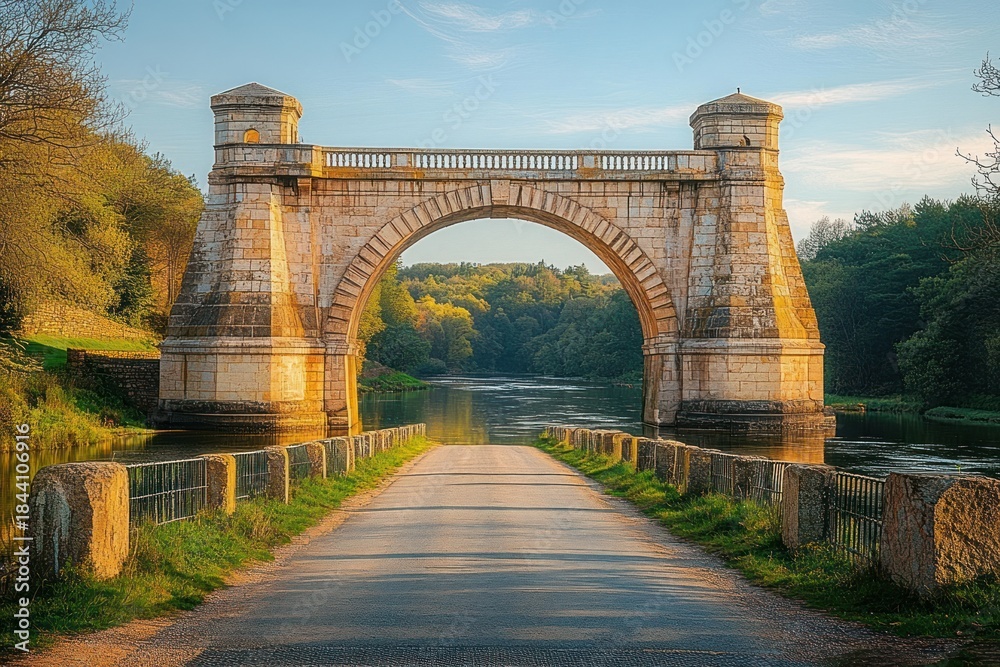 Fototapeta premium Historic stone arch bridge over calm river in a serene forested landscape under clear blue sky at golden hour