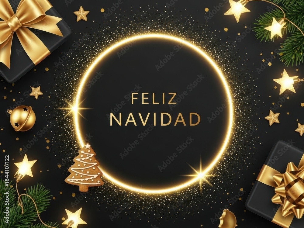Naklejka premium Elegant black background with glowing golden circle frame, stars, gift box, and gingerbread cookie for a festive feliz navidad greeting