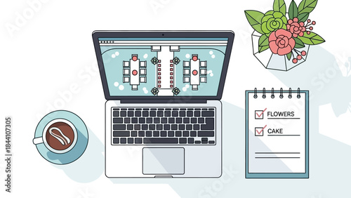 Workspace featuring a laptop showing a circuit diagram, notebook, coffee, and plant in a modern tech scene.