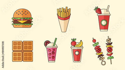 Playful cartoon collage of classic foods including burger, fries, waffles, smoothies and skewers in a colorful dining theme.