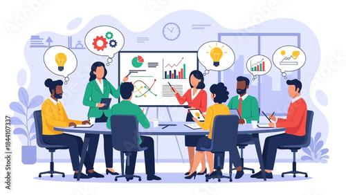 Collaborative team meeting around a conference table with charts and laptops.