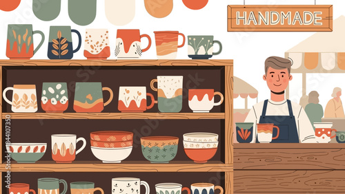 Cozy pottery shop with ceramic mugs and bowls on display shelves and a craftsman at the counter.