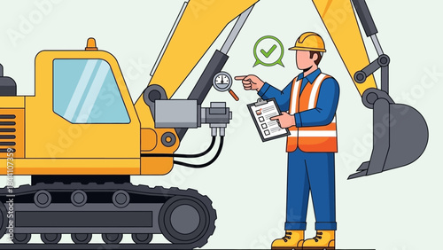 Construction Site Worker Reviews Plans with Excavator and Blueprint on Site.