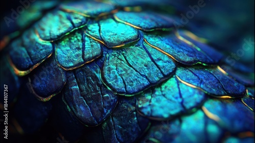 Close-up of iridescent blue and green overlapping scales with a textured, layered pattern evoking a sense of natural beauty and intricacy
