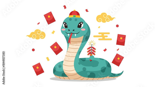 Playful cartoon snake celebrating Chinese New Year with red envelopes and festive decorations.