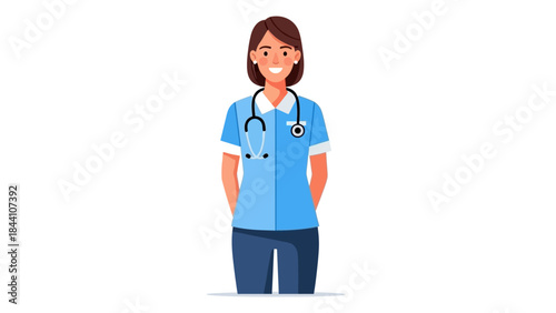 Illustration of a female nurse in blue scrubs with a stethoscope, depicting a healthcare professional.