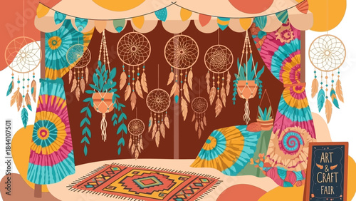 Colorful dreamcatcher wall tapestry with boho decor, vibrant textiles, and cozy floor cushions in a festival-inspired interior scene.