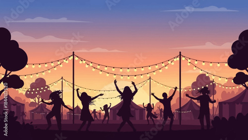 Silhouetted Festival Dancers Celebrate Under Strings of Lights at Sunset.