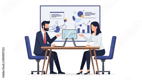 Collaborative business meeting in a bright office with laptops, screens, and a presentation setup.