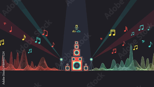 Vibrant concert stage with colorful lights and stacked speakers creating an energetic night performance.