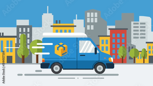 Blue delivery van driving through colorful city streetscape with urban buildings and traffic.