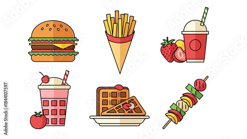Collection of Assorted Fast Food Icons Featuring Burger, Fries, Beverages, Waffle and Desserts.
