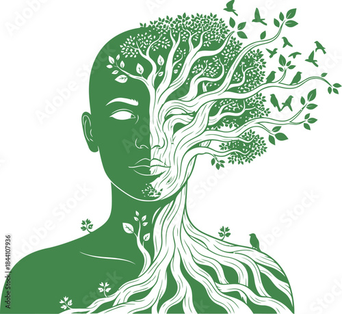 Abstract human head morphing into tree branches symbolizing growth and transformation digital art for conceptual themes isolated on white background
