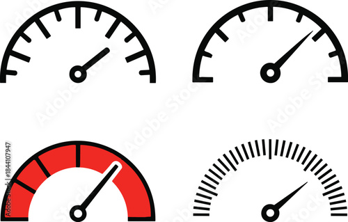 Variety of Blank Speedometer Speed Meter Icons Demonstrates Mph in Modern Styles with Needles and Measurement Displays