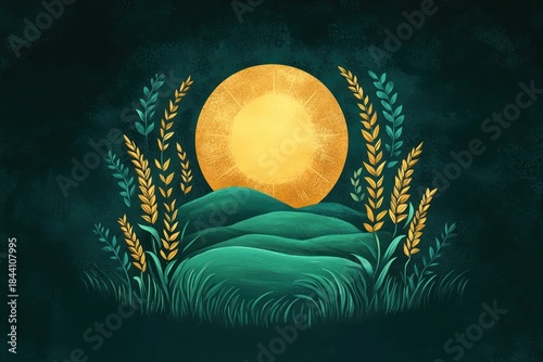 Bright golden sun shining over green rolling hills surrounded by stylized wheat stalks and tall grass against a dark textured background