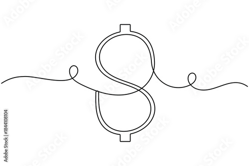 Dollar icon continuous one line drawing on white background minimalist financial sign symbol outline vector illustration