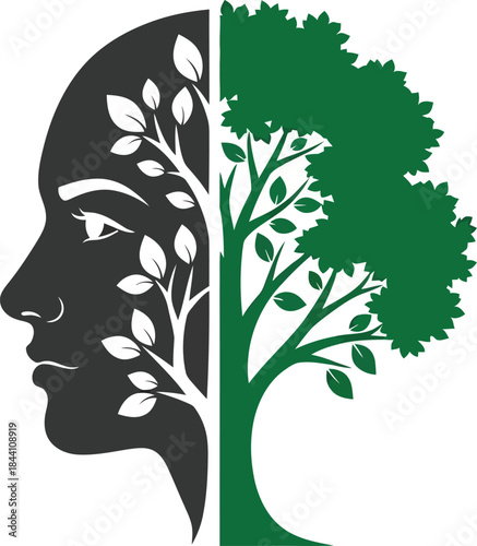 Split human head silhouette merging with green tree growth symbolizing growth harmony and nature's influence on the mind isolated on white background
