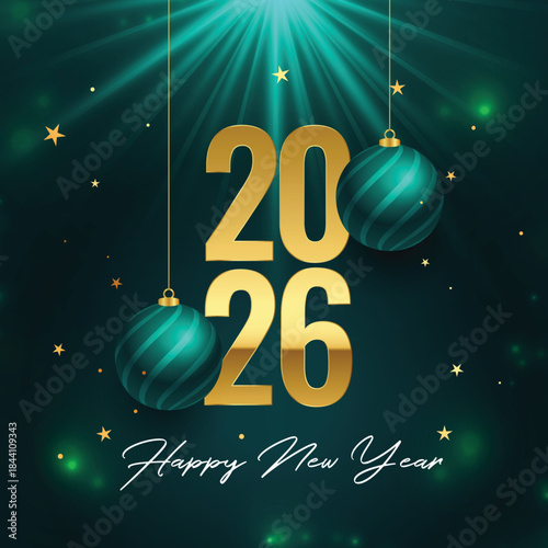 happy new year 2026 holiday background with hanging bauble