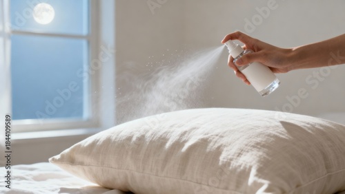 Sleep Hygiene - Close-up of a hand misting linen pillow spray, creating a fine mist illuminated by soft moonlight, enhancing the serene atmosphere of a cozy pillow setting.