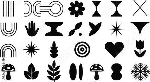 Abstract geometric shape collection with modern symbols, botanical icons, minimal silhouettes, retro elements and simple decorative vector designs