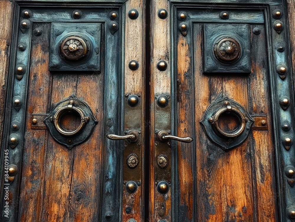 Fototapeta premium Close-up of a pair of weathered wooden doors with dark metal studs, decorative rings, and handles showing rustic and aged textures
