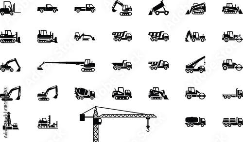 Construction machinery icons set heavy equipment vehicles silhouettes excavator bulldozer crane dump truck industrial illustration collection vector flat design isolated