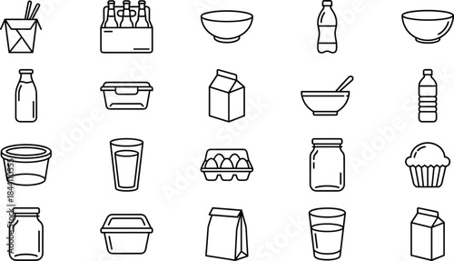 Food and beverage container icons, kitchen packaging symbols, black line style, vector set for grocery, cooking, restaurant, nutrition, storage