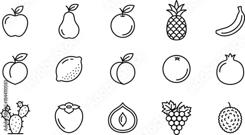 Fruit icon set, outline style, apple, pear, banana, pineapple, citrus, fig, lychee, blueberry, healthy food symbols