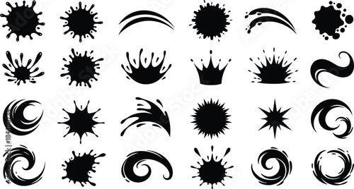 Abstract grunge splash and swirl silhouette illustration set with ink blots splatters bursts and curved shapes, black vector elements for creative designs