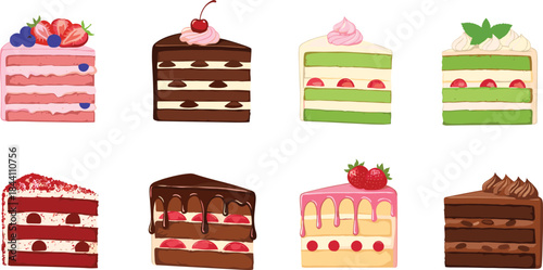 Assorted cake slice vector set featuring chocolate, berry, strawberry, cream desserts and colorful bakery illustration elements for food designs