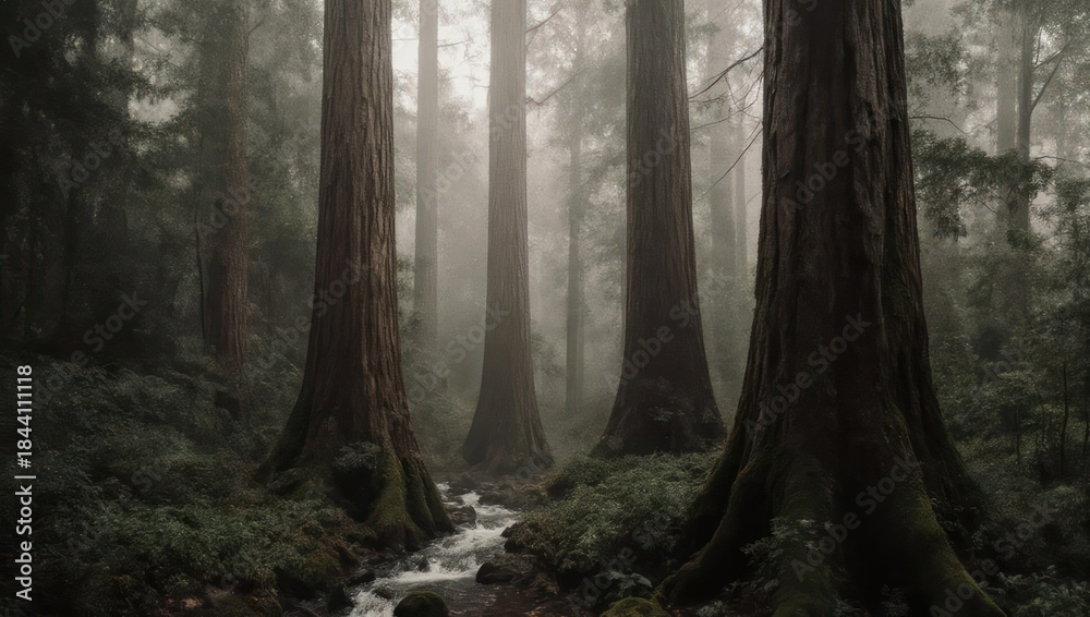 Fototapeta premium A misty forest scene with giant trees and a small stream, evoking tranquility