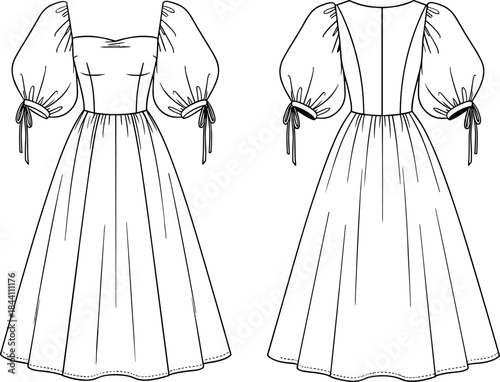 Long dress fashion sketch, puff sleeve gown technical illustration, square neck ribbon tieLong dress fashion sketch, puff sleeve gown technical illustration, square neck ribbon tie