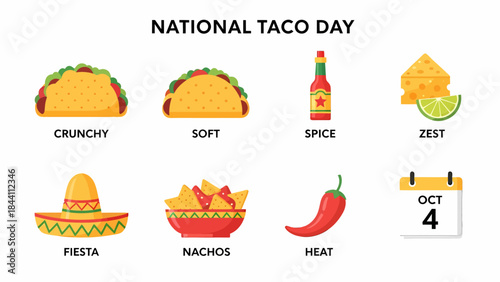 Graphic for National Taco Day featuring taco types flavor elements and date