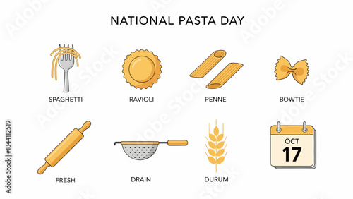 Graphic illustration for National Pasta Day showing pasta types tools wheat and a calendar date