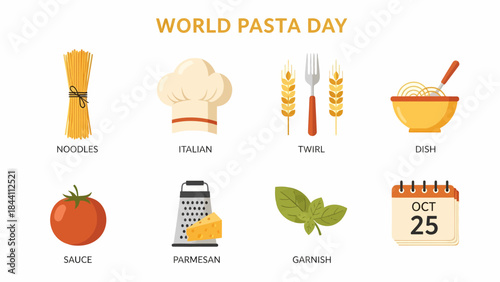 Graphic listing eight icons related to pasta ingredients and the date October 25