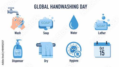 Illustration detailing the steps for Global Handwashing Day on October 15th