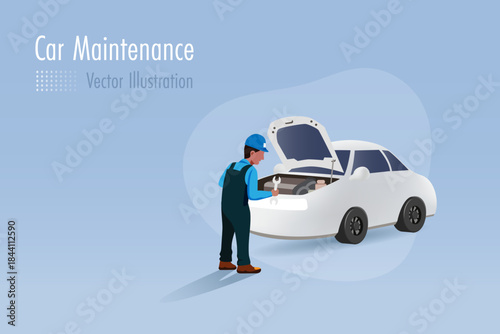 Car maintenance and repair service concept. Mechanician fixing and repairing car. Vector. 