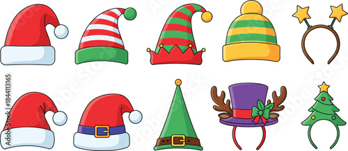 Collection of festive Christmas hats and holiday headbands including Santa hats, elf hats, and decorative seasonal accessories