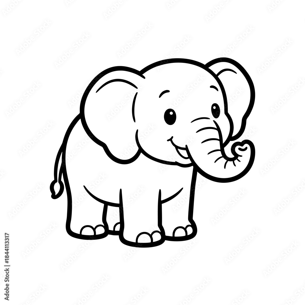 Fototapeta premium Charming black and white line art illustration of a cute baby elephant, capturing a joyful concept for children's designs, educational materials, and playful animal themes