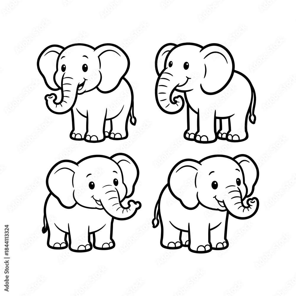 Naklejka premium A charming collection of adorable cartoon baby elephant outlines, perfect for children's coloring books, playful animal-themed designs, or fun educational art projects, featuring four distinct, endear