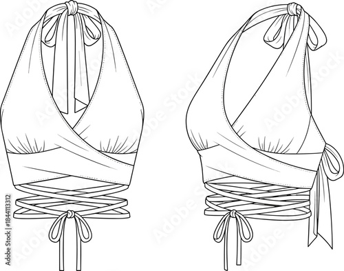 Halter wrap top fashion sketch, deep V-neck gathered bust design, side and front view technicalHalter wrap top fashion sketch, deep V-neck gathered bust design, side and front view technical