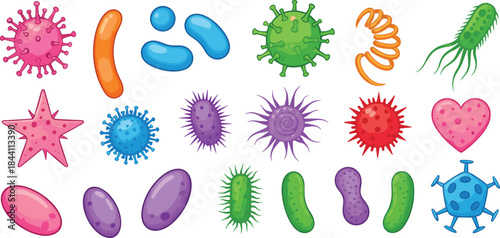Colorful bacteria and virus cartoon vector set featuring microbes, germs, cells, pathogens, microorganisms and microscopic shapes