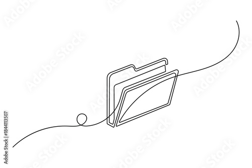 Continuous line art of an open folder, symbolizing data, document management, organization, and digital files.